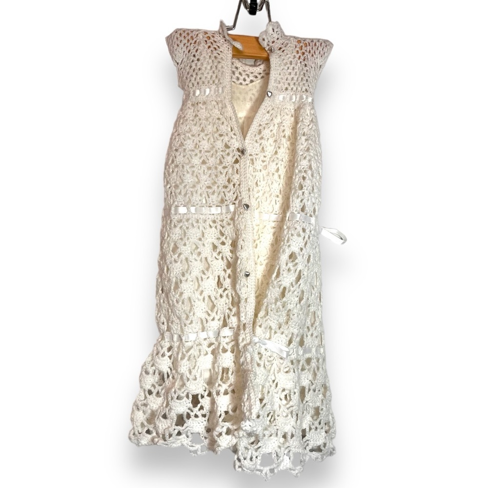 Vintage Handmade Crochet Knit Baby Girl Dress With Cute Heart Buttons